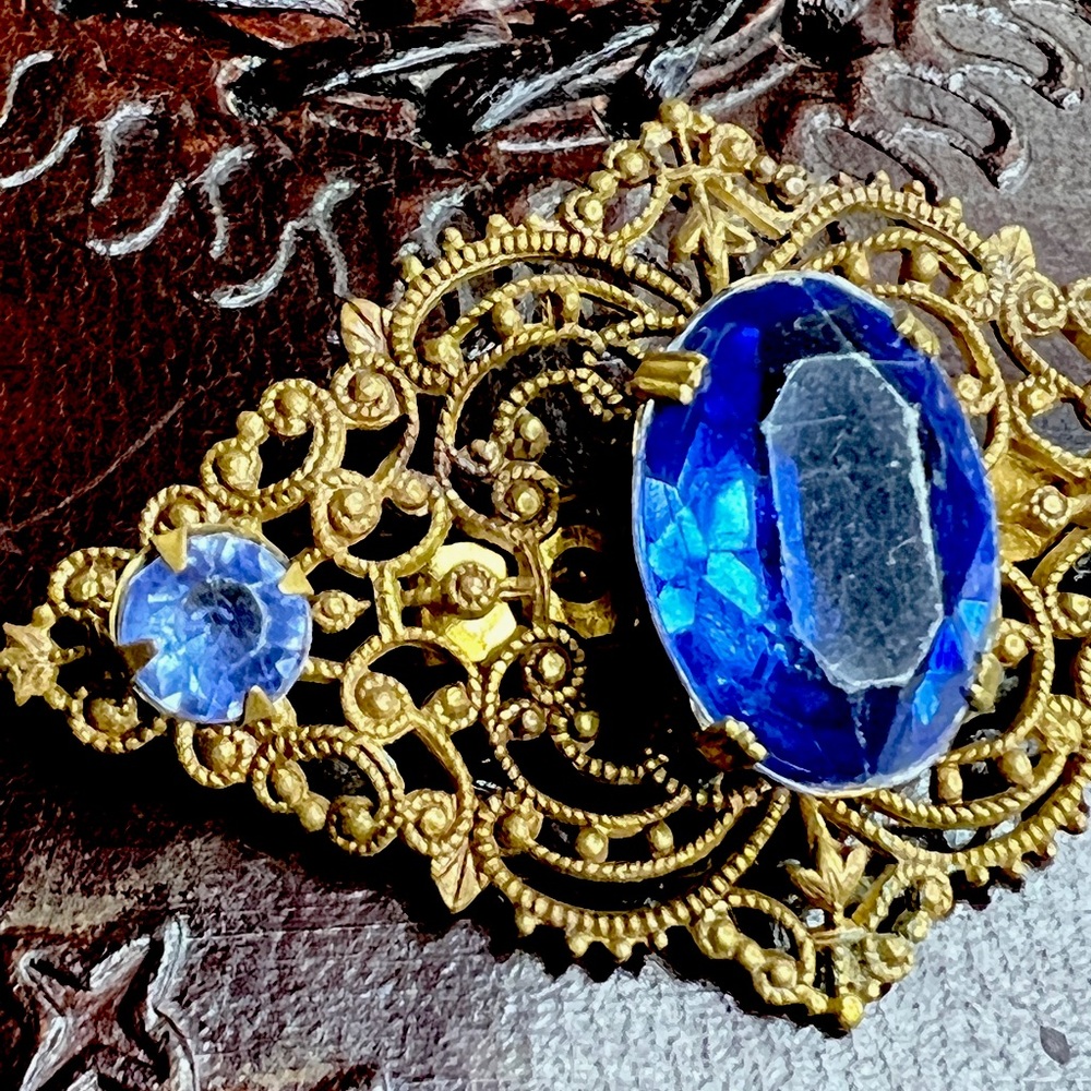 Victorian Brass Filagree Brooch with Blue Glass Stone